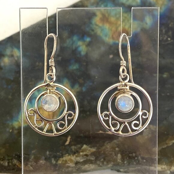 Sterling Silver 925 Round Moonstone Cabochon Round Scrollwork Dangle Earrings - Picture 1 of 16